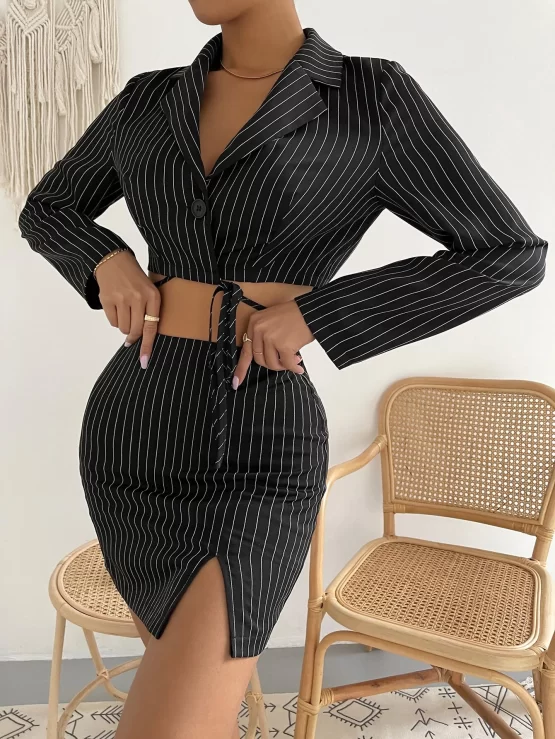 Striped Single Button Blazer & Split Hem Zip Back Skirt Set - Image 3