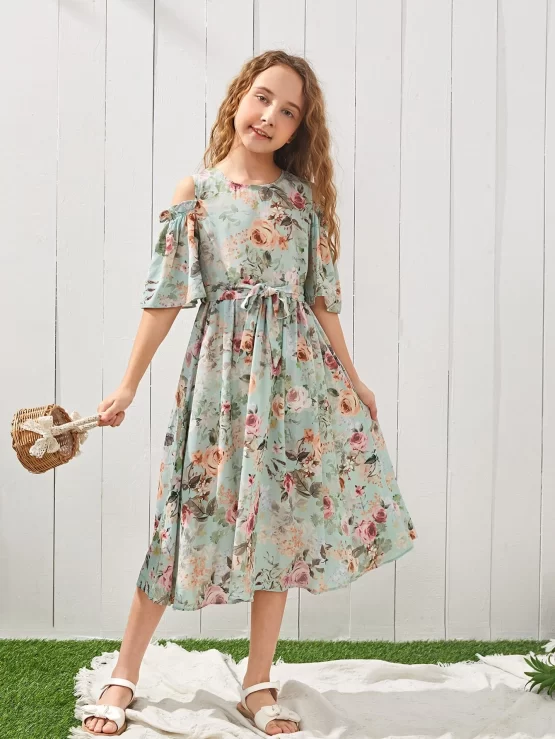 Girls Floral Cold A Line Belted Shoulder Dress - Image 2