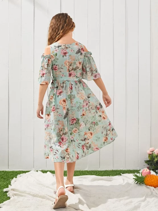 Girls Floral Cold A Line Belted Shoulder Dress - Image 3