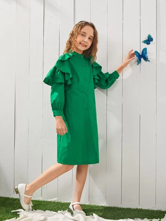 Girls One Piece Ruffle Self Belted Trim Dress - Image 3