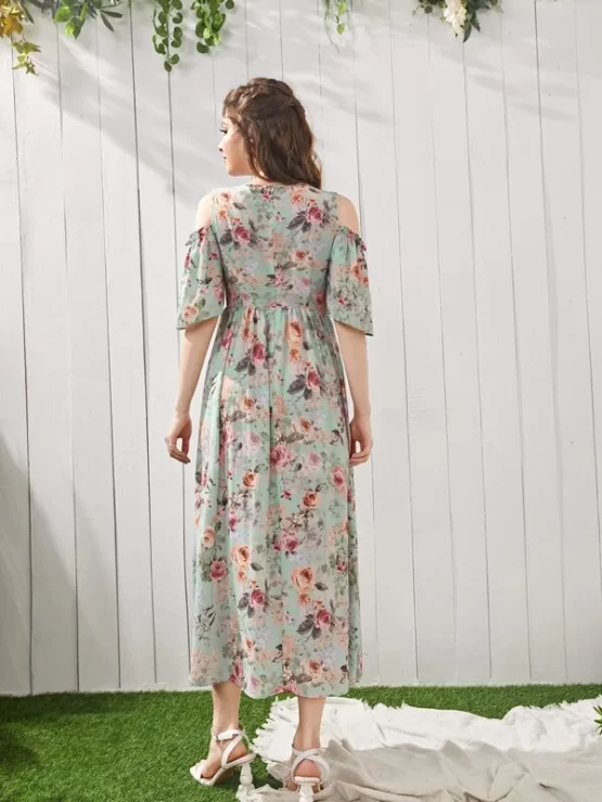One Piece Floral Print Cold Shoulder Dress - Image 3