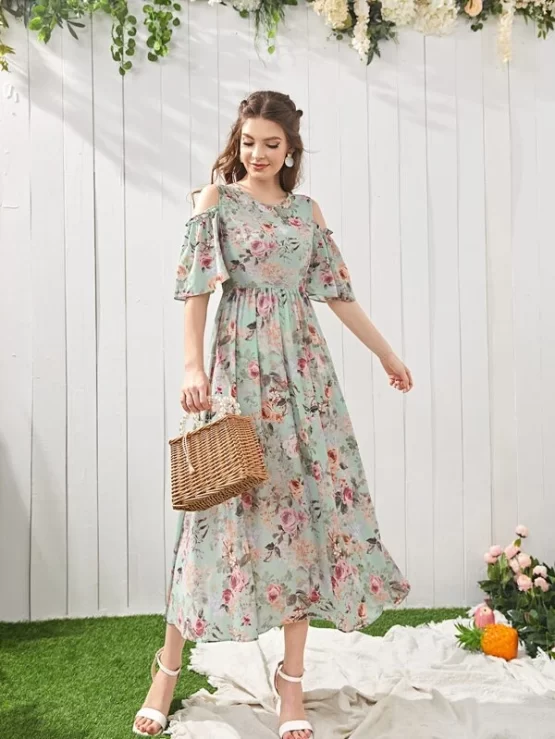 One Piece Floral Print Cold Shoulder Dress - Image 2