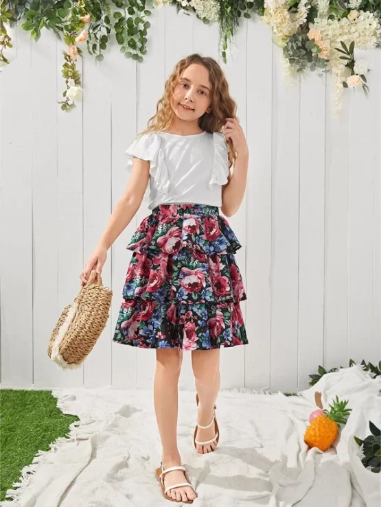 Girls Ruffle Trim Top & Floral Print Layered Hem Skirt Set - Image 3