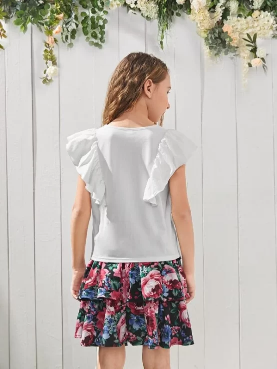 Girls Ruffle Trim Top & Floral Print Layered Hem Skirt Set - Image 2