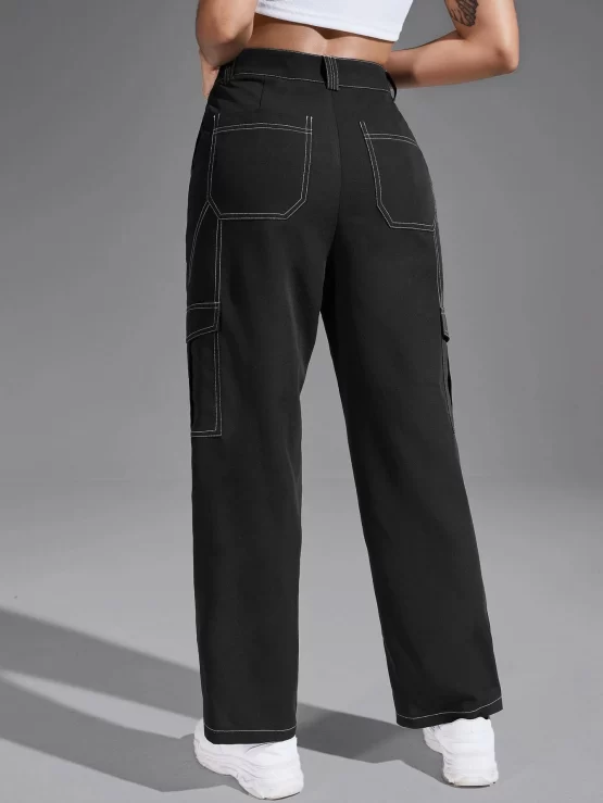 Solid Flap Zipper Fly Button Pocket Cargo Pants - Image 2