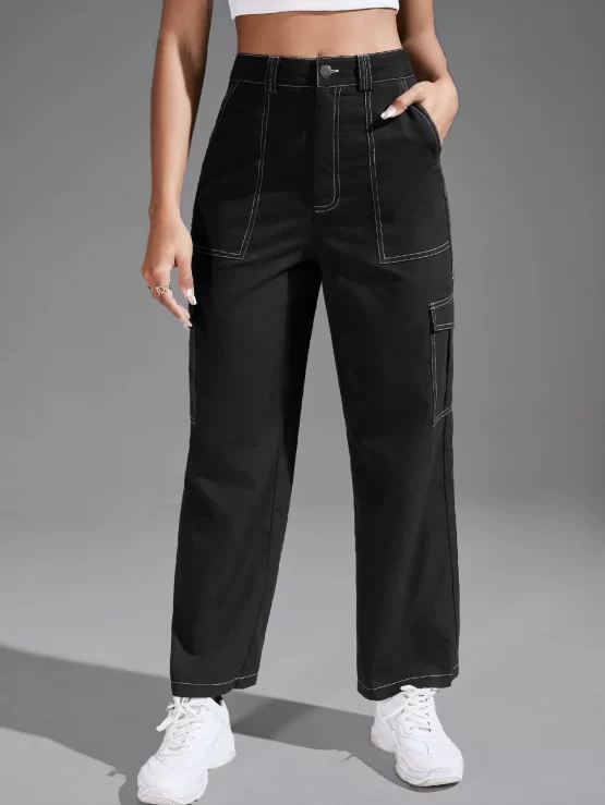 Solid Flap Zipper Fly Button Pocket Cargo Pants - Image 3