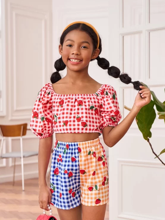 Girls Strawberry And Gingham Bow Back Top And Shorts Set - Image 3