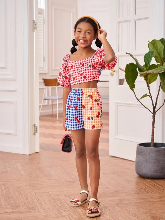Girls Strawberry And Gingham Bow Back Top And Shorts Set - Image 2