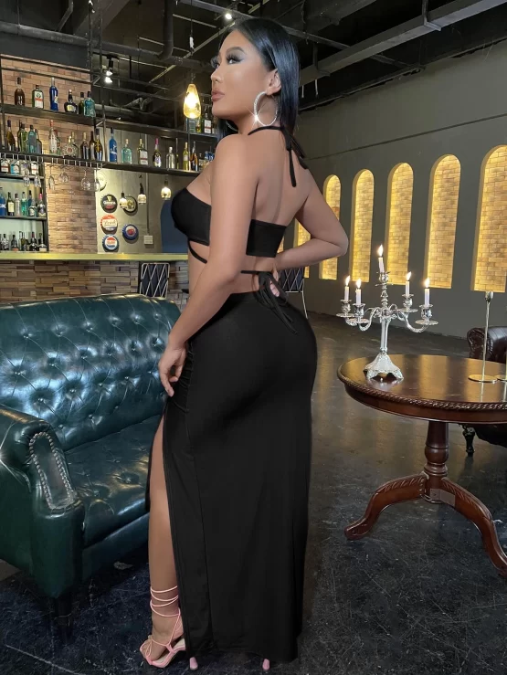 Criss Cross Tie Backless Crop Halter Top & Split Thigh Drawstring Skirt - Image 7