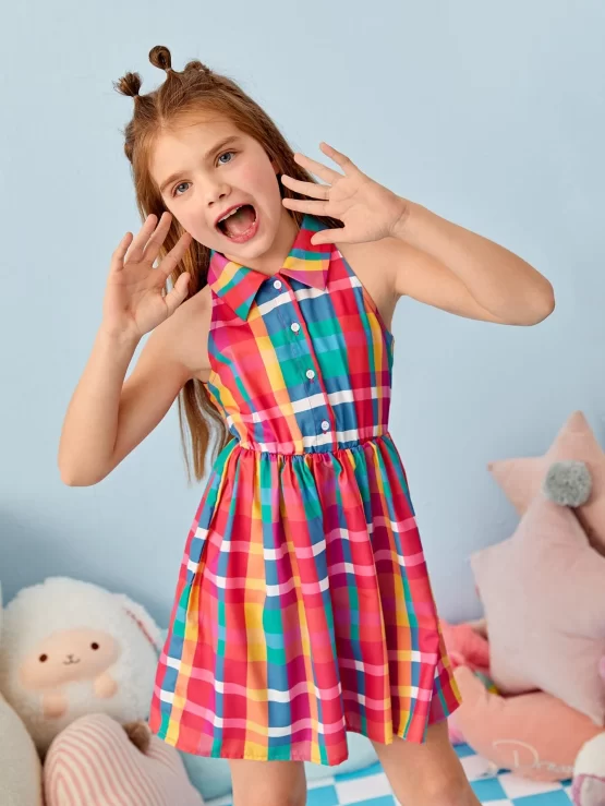 Girls Collared Sleeveless Plaid Shirt Collar Dress - Image 2