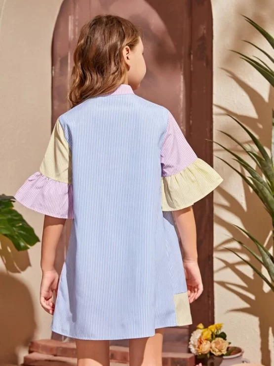 Girls Striped Color Block Flounce Sleeve Smock Dress - Image 3
