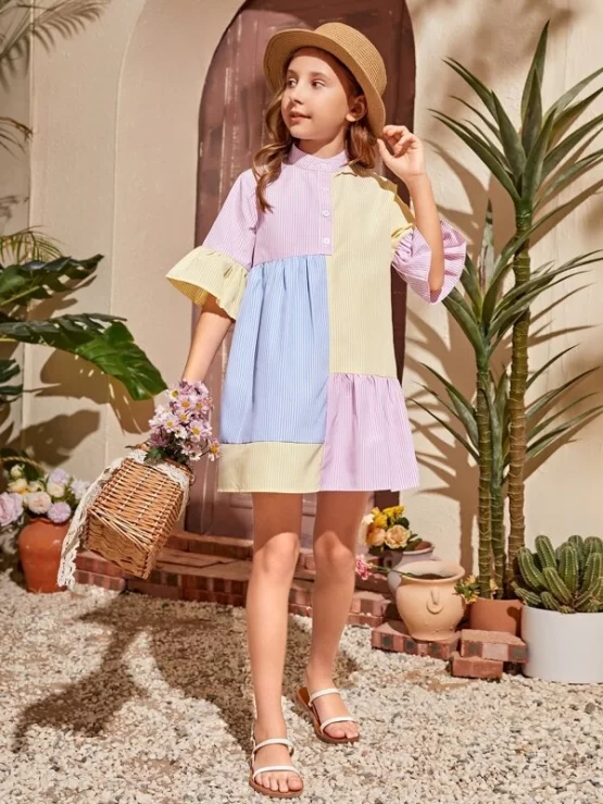 Girls Striped Color Block Flounce Sleeve Smock Dress - Image 2