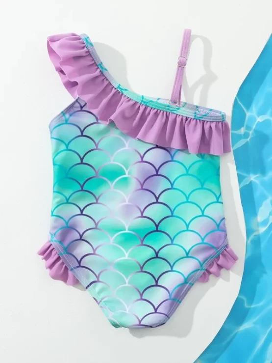 Baby Girl Ombre Fish Scale Print Ruffle Trim One Piece Swimsuit - Image 2