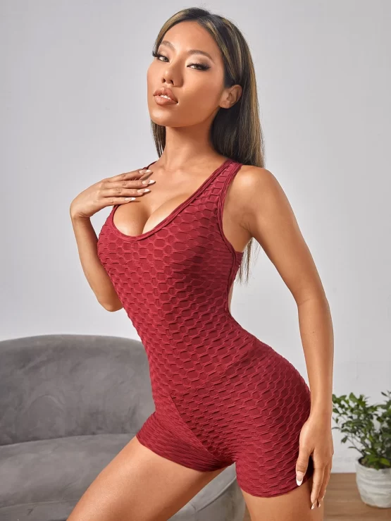 Criss Cross Backless Honeycomb Textured Sports Romper - Image 2