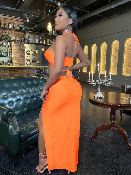 Criss Cross Tie Backless Crop Halter Top & Split Thigh Drawstring Skirt - Image 5