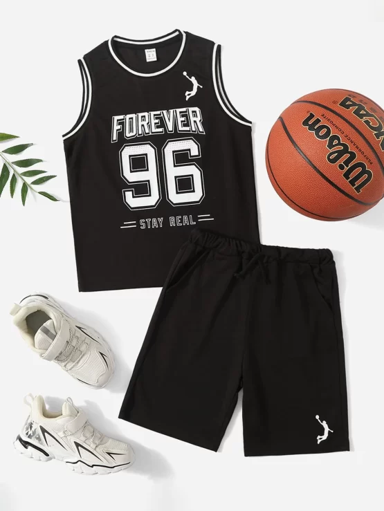 Boys Letter Graphic Basketball Jersey Top Tank & Track Shorts - Image 4