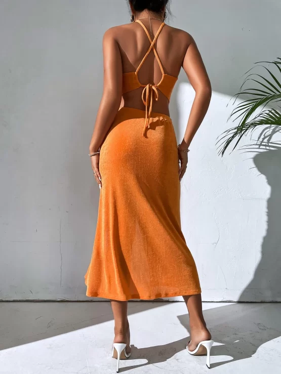 Ruched Criss Cross Tie Back Halter Top & Drawstring Slit Skirt - Image 3