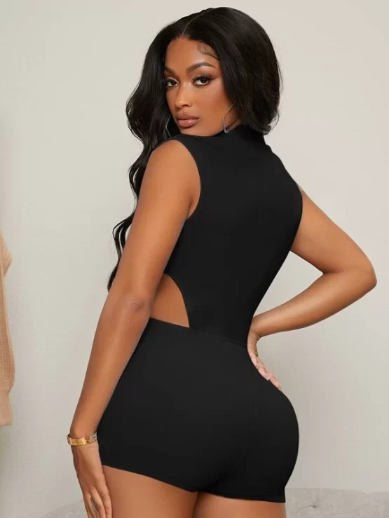 Zipper Front Ring Cut Out Unitard Romper - Image 2