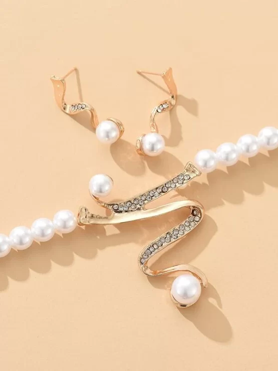 Three Pieces Rhinestone & Faux Pearl Decor Jewelry Set - Image 3