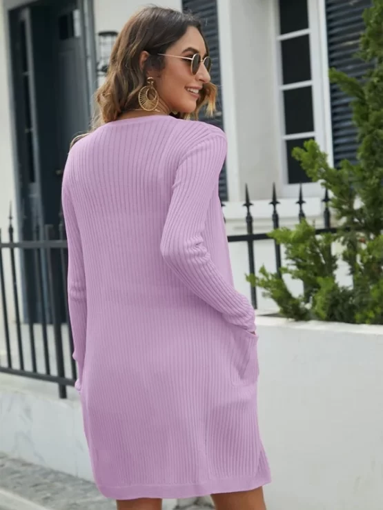 Dual Pocket Rib Knit Open Front Trim Cardigan - Image 2