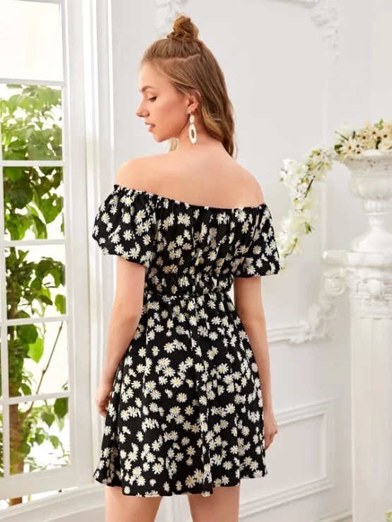 Daisy Print Off Shoulder Puff Sleeve Dress - Image 3