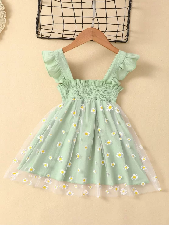 Toddler Girls Floral Bow Front Ruffle Trim Shirred Contrast Mesh Dress - Image 3