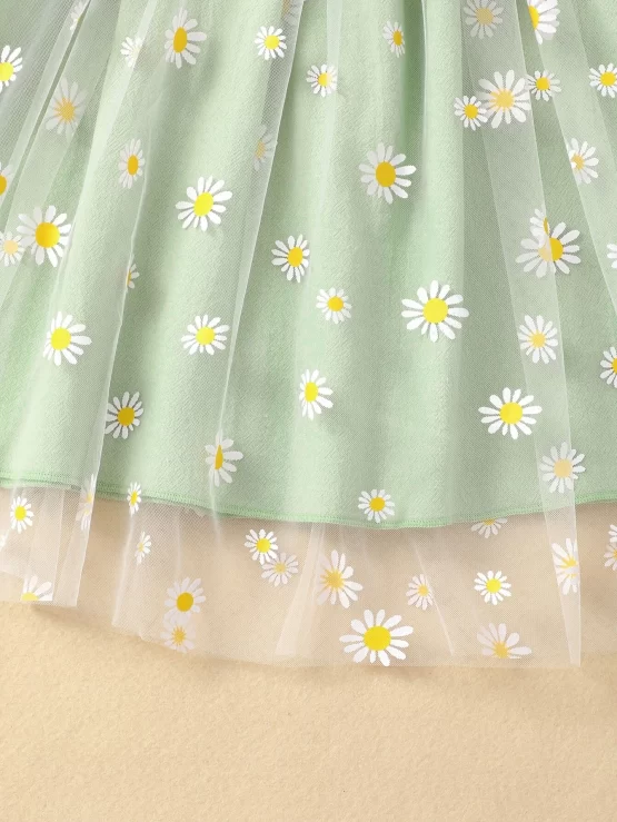Toddler Girls Floral Bow Front Ruffle Trim Shirred Contrast Mesh Dress - Image 2