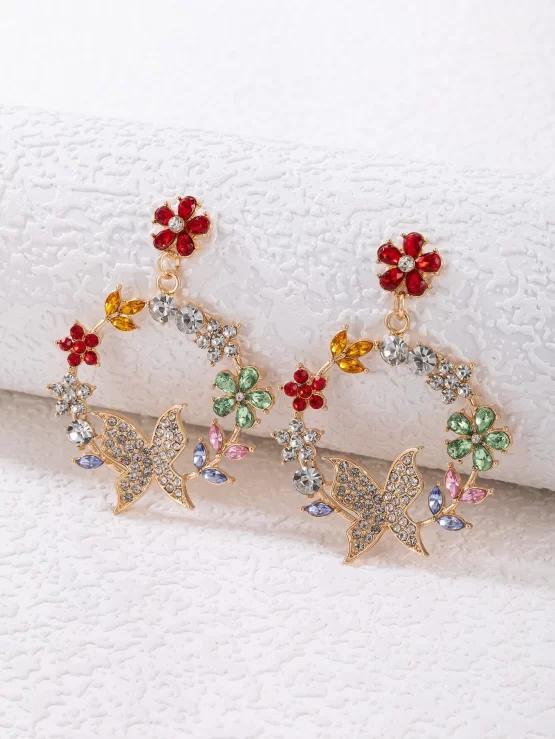 Rhinestone Flower & Butterfly Decor Drop Earrings - Image 2
