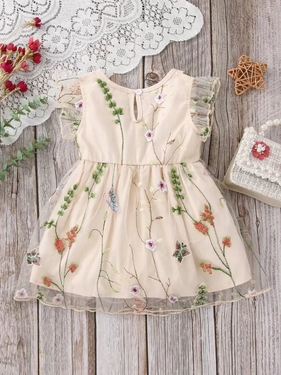 Baby Floral Embroidery Ruffle Trim Dress - Image 3