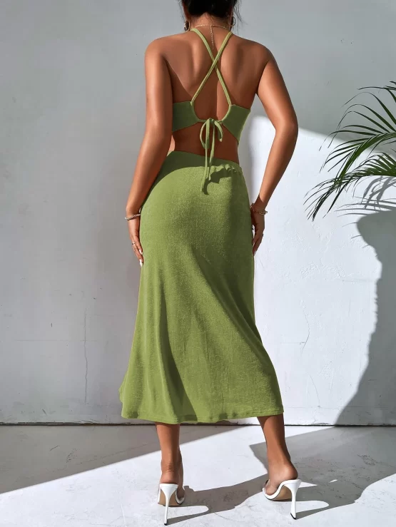 Ruched Criss Cross Tie Back Halter Top & Drawstring Slit Skirt - Image 4