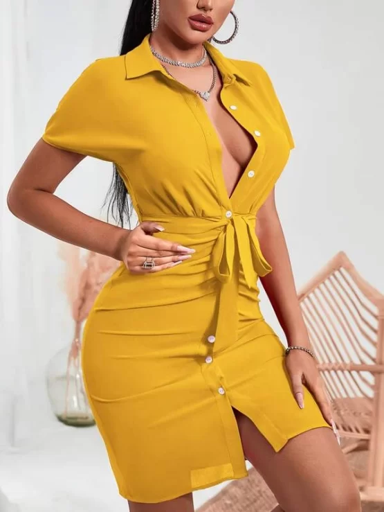 Batwing Sleeve Ruched Button Up Belted Dress - Image 3