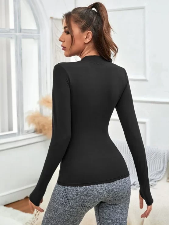 Half Zipper Plain Thumb Hole Sports Pullover - Image 2