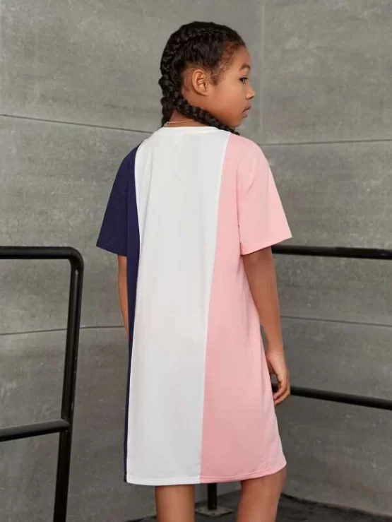 Girls Letter Graphic Color Block Tee Drop Shoulder Dress - Image 2