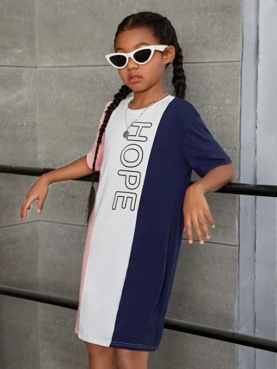Girls Letter Graphic Color Block Tee Drop Shoulder Dress - Image 3