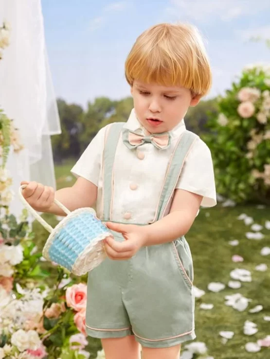 Toddler Boys Bow Front Button Through Shirt & Suspender Shorts - Image 5