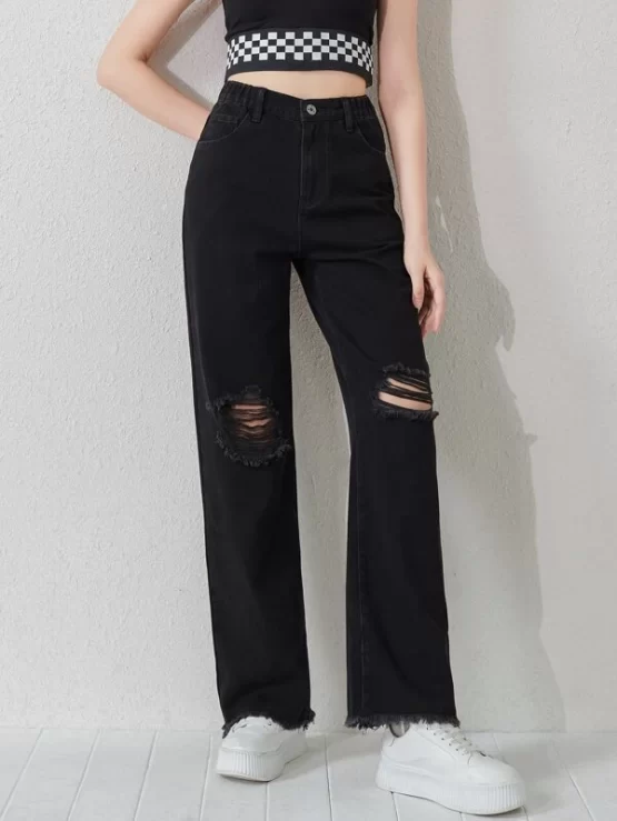 Teen Girls Raw Hem Ripped Straight Leg Jeans - Image 2