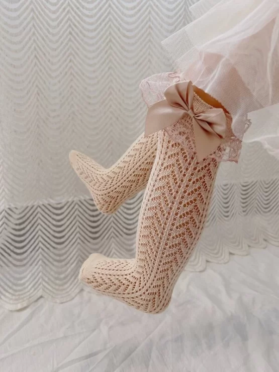 Toddler Girls Bow Decor Lace Trim Over The Knee Socks - Image 2