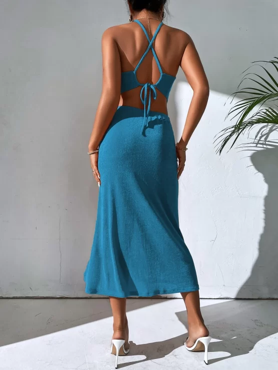 Ruched Criss Cross Tie Back Halter Top & Drawstring Slit Skirt - Image 9