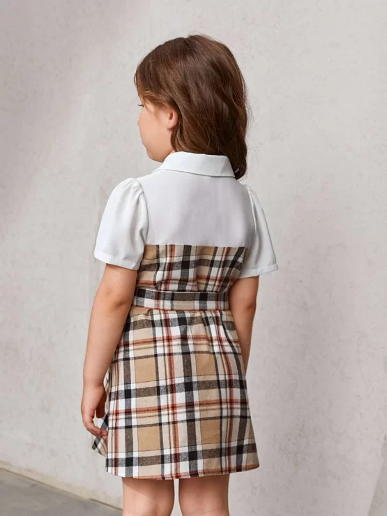 Toddler Girls Plaid Print Asymmetrical Hem Belted 2 In 1 Sleeve Dress - Image 2