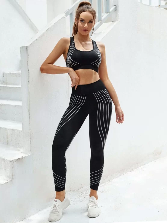 Striped Racer Back Wideband Waist Sports Set - Image 2