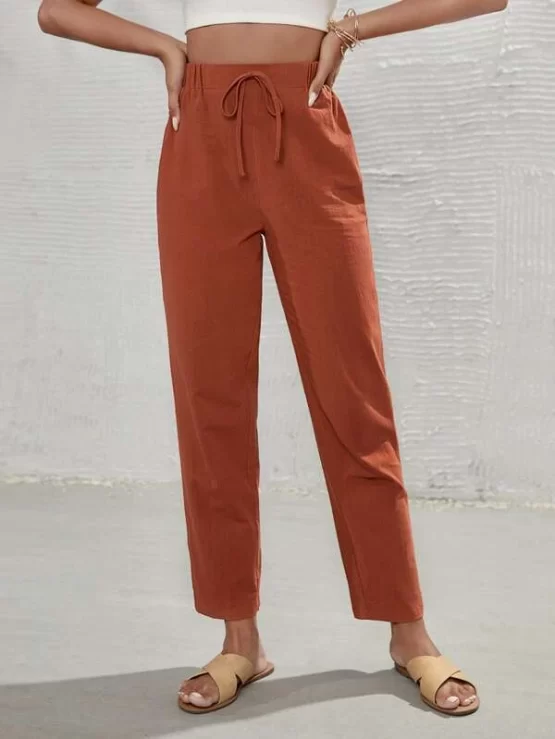 High Waist Plain Tie Front Tapered Pants - Image 2