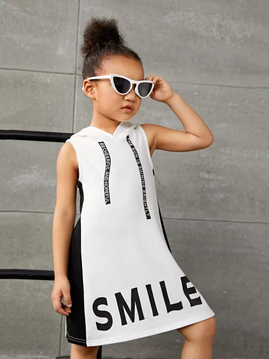 Toddler Girls Letter Graphic Hooded Tank Sleeve Dress - Image 2