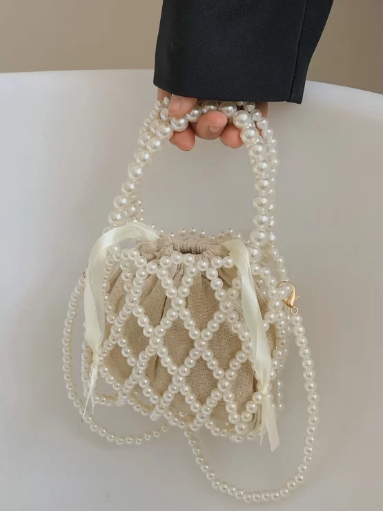 Mini Faux Pearl Decor Drawstring Design Square Bag - Image 2