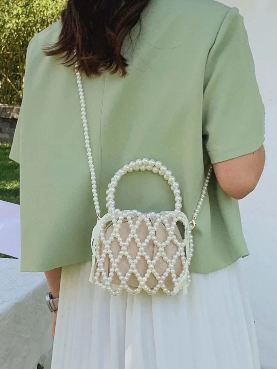 Mini Faux Pearl Decor Drawstring Design Square Bag - Image 3