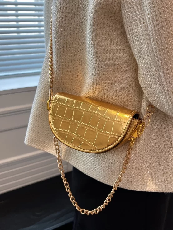 Mini Metallic Crocodile Embossed Chain Flap Saddle Bag - Image 3