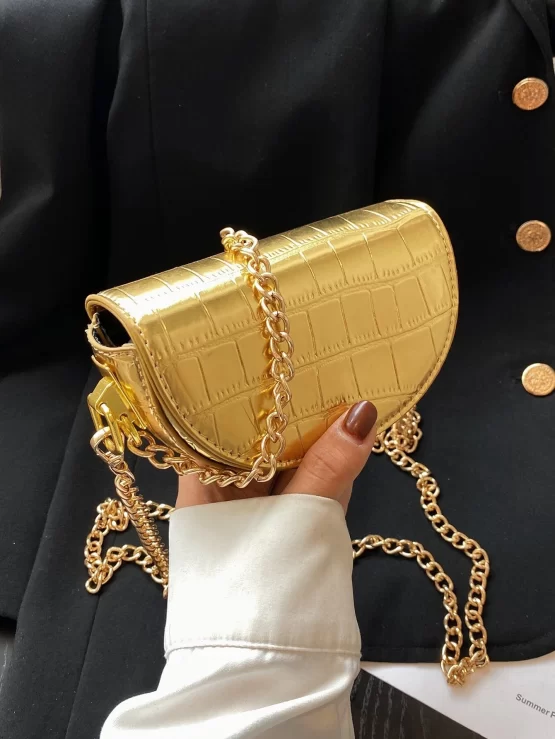 Mini Metallic Crocodile Embossed Chain Flap Saddle Bag - Image 2