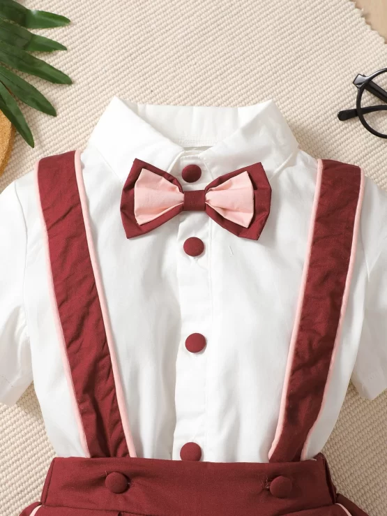 Toddler Boys Bow Front Button Through Shirt & Suspender Shorts - Image 2
