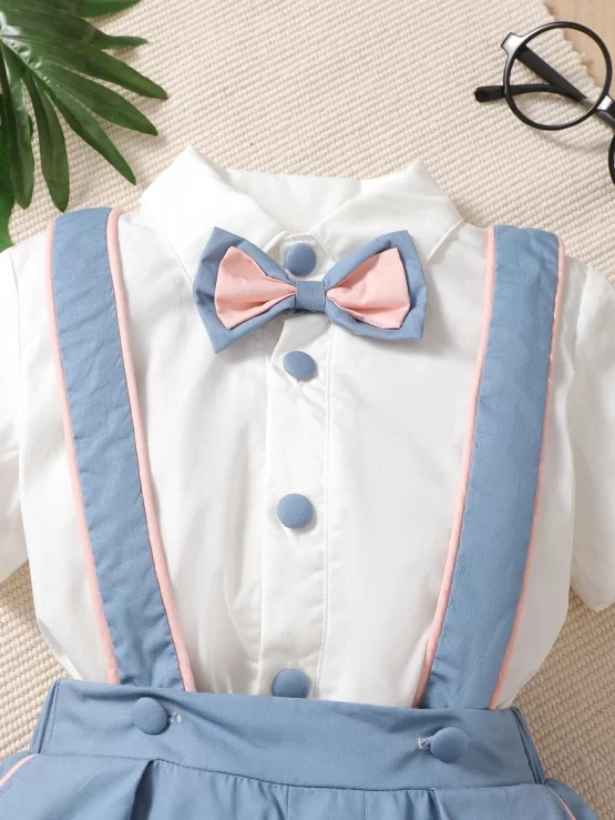 Toddler Boys Bow Front Button Through Shirt & Suspender Shorts - Image 6