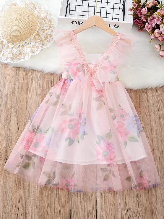 Toddler Girls Floral Ruffle Trim Flare Mesh Dress - Image 5