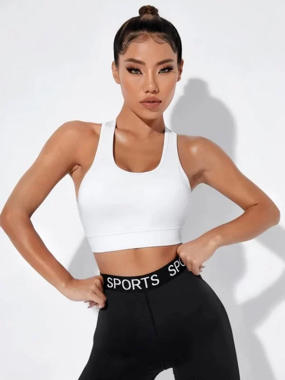Solid Plain White Racer Back Sports Bra - Image 3